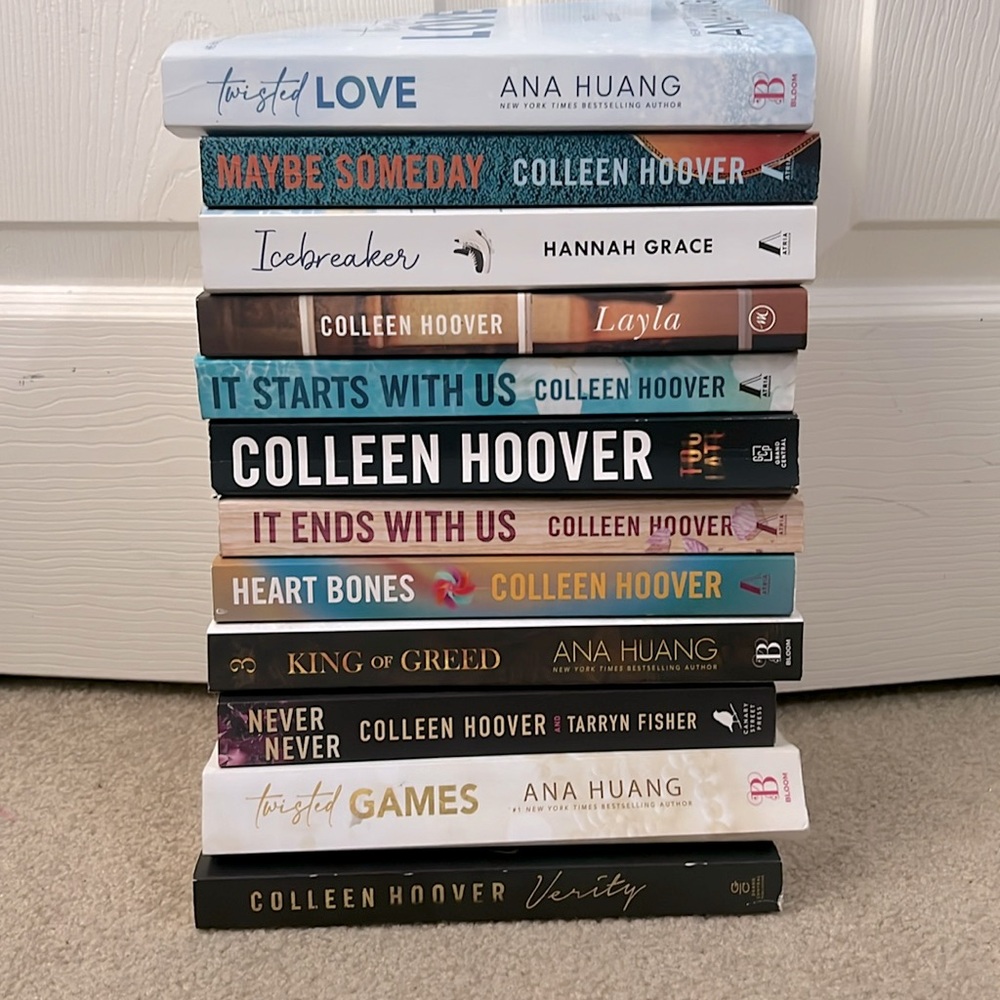Books written by Colleen Hoover, Ann Huang, and one by Hannah Grace